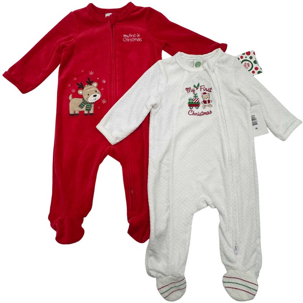 NEW Little Me Christmas Baby 6M Footed Sleepers Pajamas 2 Piece Bundle Red White